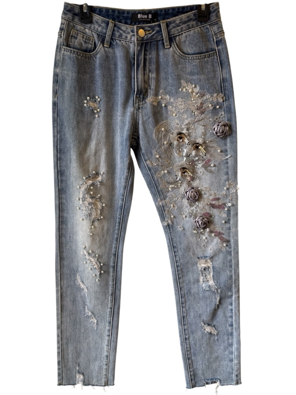 Blue B. Embellished lace pearl and floral Light Blue Boyfriend Jeans